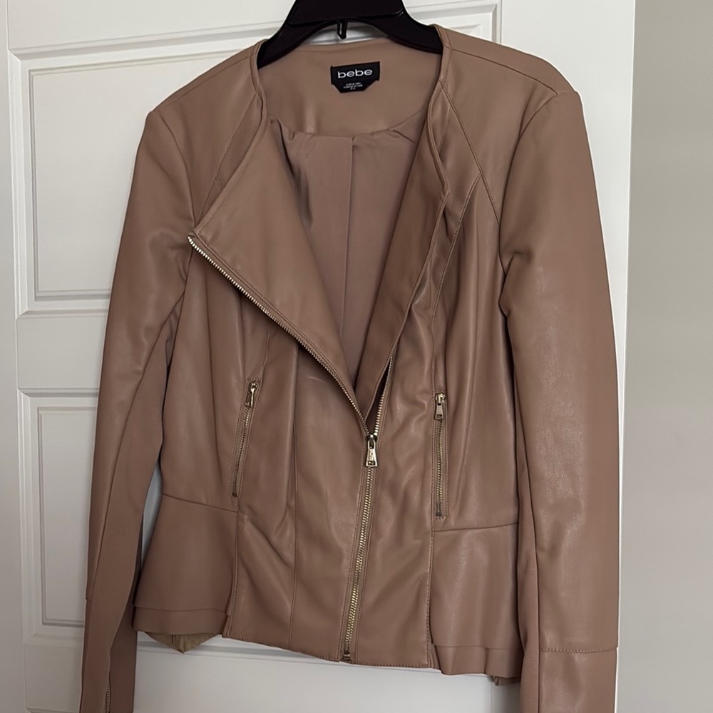 Bebe Tan Leather Moto Jacket Asymmetrical Design